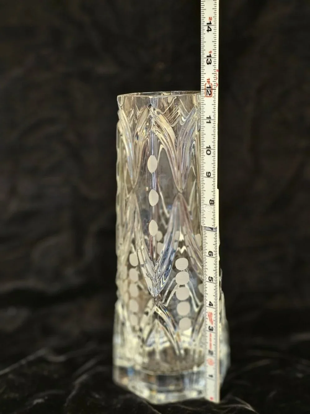 Vintage Etched Crystal Vase With Geometric Dot Pattern 11-Inch Tall Hexagonal Ba - Picture 3 of 13